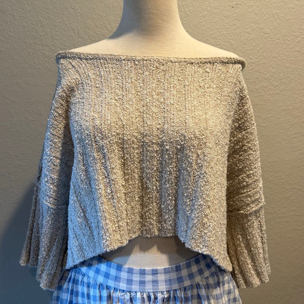 FREE PEOPLE Cropped Chunky Oversized Sweater Off-The-Shoulder Tan Sz XS Granola